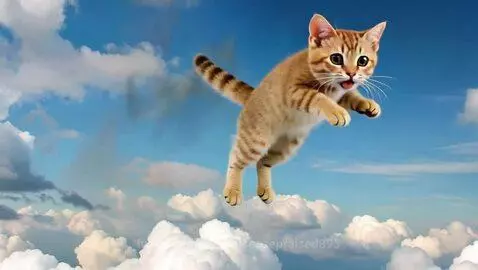 Animated ginger cat with green eyes flying in a blue sky with white clouds, playful expression.