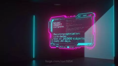 Neon holographic interface with magenta and cyan lights displaying text in a dark room.