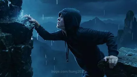 Side view of a young man in a black hoodie hanging from a cliff ledge, looking up in the rain.