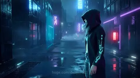 Young woman in hooded jacket with glowing circuits in a wet, neon-lit cyberpunk city street at night.