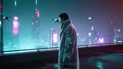 Person in futuristic coat on a neon-lit cyberpunk city rooftop at night, with drones flying in the misty atmosphere.
