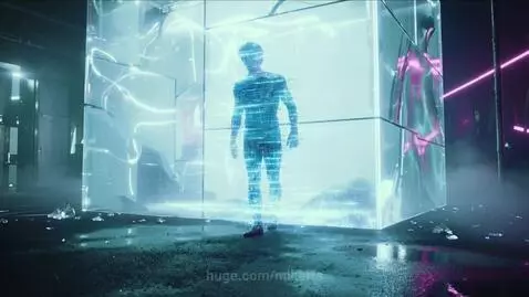 Cyberpunk man emerging from a shattering, glowing cube with neon lights and reflections on wet ground.