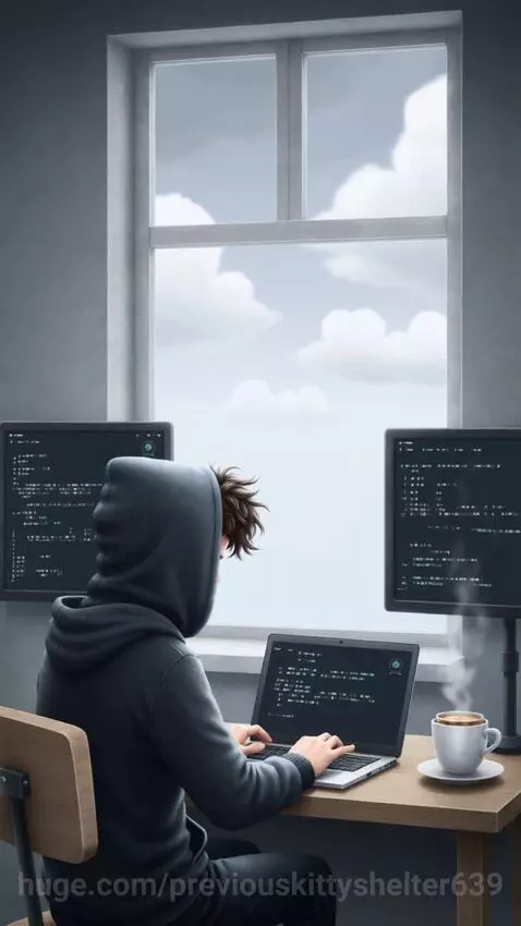 Pixel art developer in black hoodie coding at a desk with multiple monitors, looking out at a cloudy sky. Steaming coffee on desk.