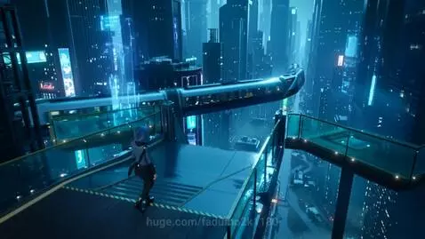Hooded figure walks towards a monorail station on an elevated glass platform in a futuristic cyberpunk city at night.