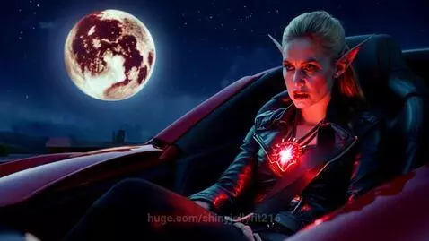 Blonde woman in a red car transforming into a werewolf with glowing eyes and fangs under a full moon.
