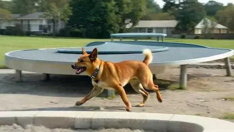 A medium-sized, light brown dog with a black collar running and jumping over a low circular platform in a park.