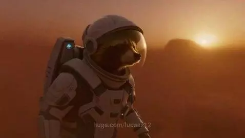 Raccoon astronaut in a spacesuit on Mars, walking through a dust storm with the setting sun reflected in its visor.