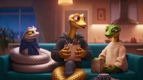 Three anthropomorphic reptile characters, Golder the gold gecko, Silv the silver snake, and Bronzie the bronze basilisk, on a shopping trip.
