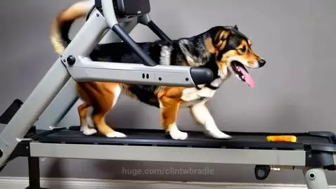 A tri-color dog running on a treadmill, chasing a dog treat placed on the belt.