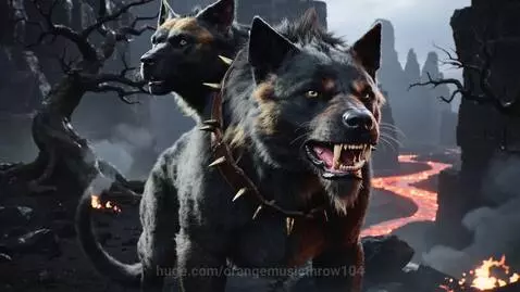 Two-headed dog resembling Cerberus in a hellish landscape with lava and barren trees.