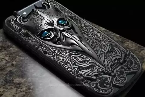 Close-up of a phone with a detailed cyber-steampunk case featuring a demonic mask with glowing blue eyes.