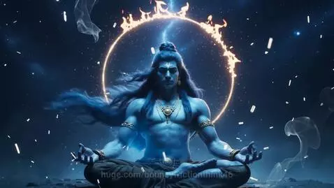 Lord Shiva meditating with blue skin glowing softly, third eye closed, against a dark cosmic background with a fire halo.