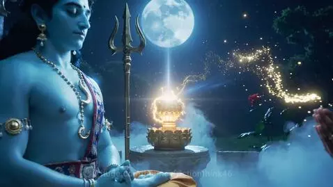 Lord Shiva meditating under a full moon, with a glowing Shiva Lingam and a praying woman.