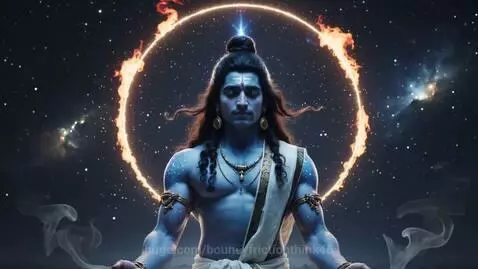 Lord Shiva meditating in a dark cosmic background with a glowing halo and volumetric smoke.