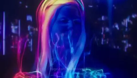 Futuristic woman with flowing hair, surrounded by a vibrant, pulsing rainbow halo, holding a sparkling crystal.