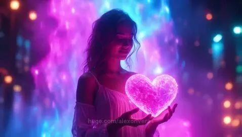 Futuristic girl with long wavy hair in a white top, holding a glowing heart crystal, surrounded by neon lights.