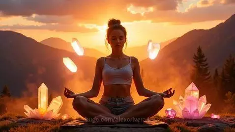 Woman meditating at sunset with floating rainbow crystals and cosmic dust, mountains in background.