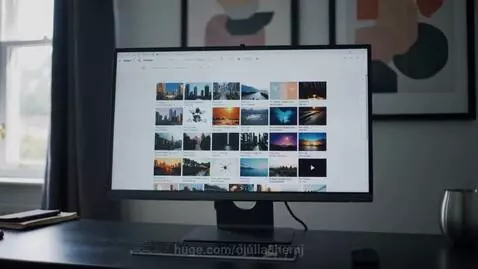Close-up of a computer monitor displaying a grid of various images like city skylines and abstract designs.