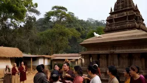 A white dove perched on a stone temple roof in a traditional village setting with people gathered.