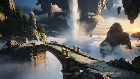 Epic fantasy landscape with floating mountains above clouds, a giant waterfall, and an ancient stone bridge at golden hour.
