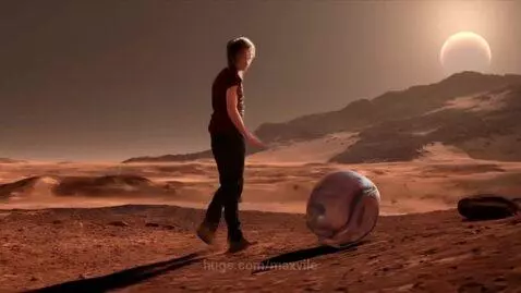 Person walking on a rocky, red planet landscape, gesturing towards a glowing sphere, with Elon Musk in the background.