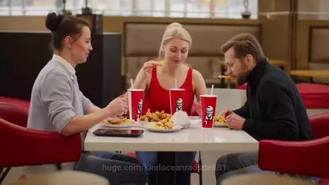 Three photorealistic cats in human clothes sitting at a KFC table eating fried chicken and drinking cola.