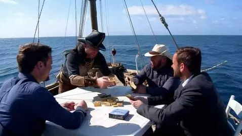 Pirate in costume hands gold bar to man in cowboy hat on a boat deck, surrounded by gold bars.