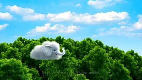 A fluffy white cloud in the shape of an elephant with blue eyes happily jumping over a dense green forest canopy.