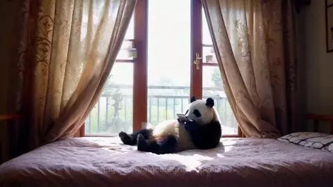 Small panda lying on a bed, holding a phone and smiling, with sunlight filtering through curtains.