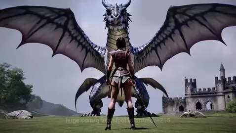Female warrior in fantasy armor with a sword facing a large dragon in a field with a castle in the background.