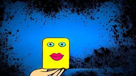 Animated hand holding a yellow character with blue eyes and pink lips against a blue background with ink splatters. Text 'Klasky Csupo' appears.