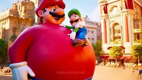 Giant Mario in red shirt and blue overalls hugging a smaller Luigi in a bright city square.