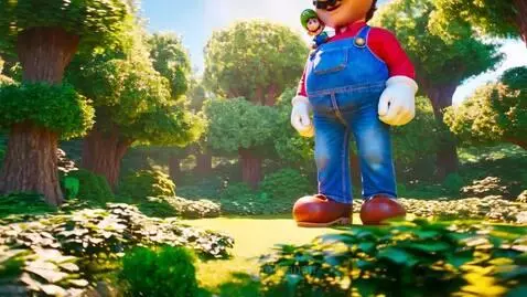 Giant Mario with red cap and overalls carrying tiny Luigi on his shoulder in a bright, green forest.
