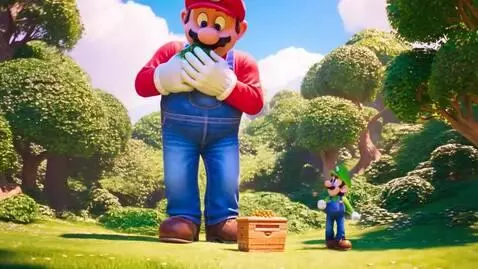 Giant Mario in red shirt and blue overalls eating a small beehive in a forest, with tiny Luigi nearby.