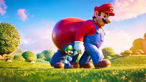 Giant Mario gently holds the hand of tiny Luigi as they walk together in a grassy, sunny landscape.