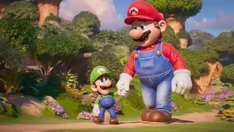 Giant Mario and tiny Luigi walking hand-in-hand through a colorful, whimsical landscape with mushroom trees.