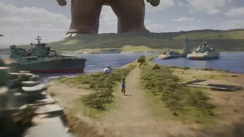 A colossal ape-like giant towering over a landscape with battleships and a small Luigi running.