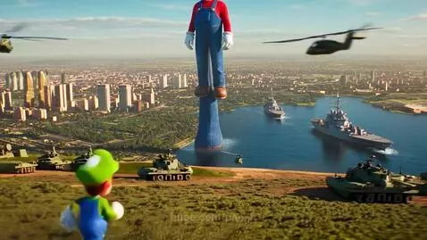 Enormous 150km Mario towering over a city, battleships, and tanks, with tiny Luigi running below.