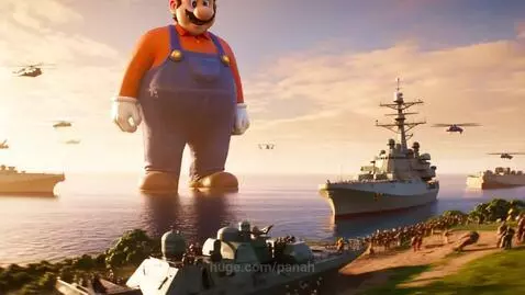 Giant Mario towering over miniature battleships and helicopters, with Luigi running away.