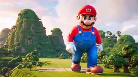Giant Mario character in red cap, shirt, and blue overalls walking in workboots across a green landscape with conical mountains.