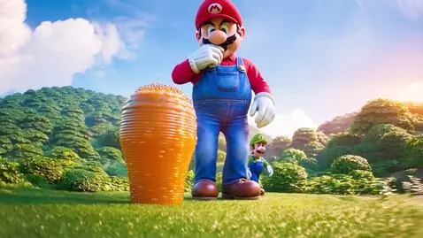 Giant Mario in red shirt and blue overalls eating a large honeycomb, with small Luigi standing nearby.