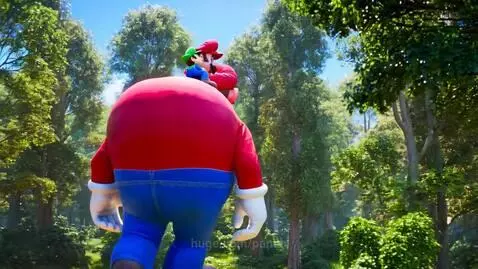 Giant Mario with tiny Luigi on his back walking through a dense, sunlit green forest.