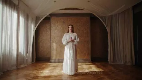Woman in white dress in a room with wooden floor, meditating with geometric light projections.