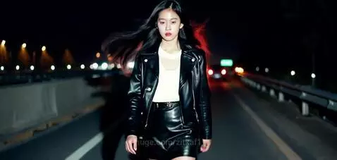Young Korean woman with long black hair walking on a highway at night, wearing a black leather jacket and skirt.