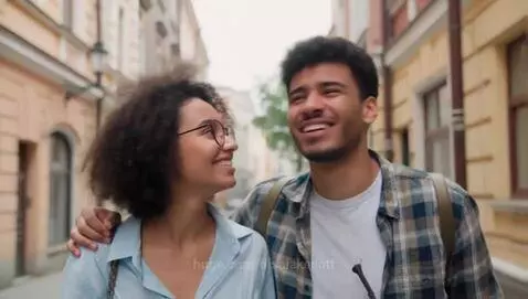 Young couple with curly hair walking arm-in-arm down a sunny street with old buildings, both smiling.