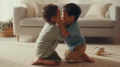 Two smiling toddler boys kneeling on a rug, gently pinching each other's cheeks.