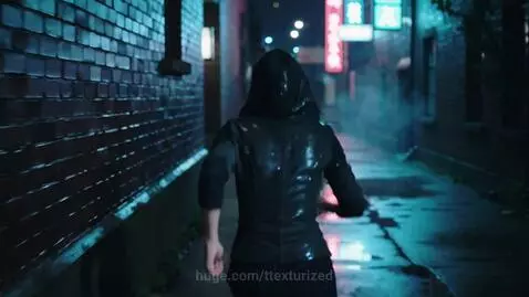 A young woman in a hooded jacket runs through a dark, wet alley illuminated by neon lights, with reflections in puddles.