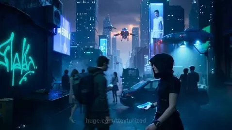 Ultra-detailed cyberpunk cityscape at night with neon skyscrapers, holographic billboards, and a hooded figure.