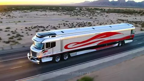 Sleek white and red luxury motor coach with 'MODSQUAD' text driving on a desert highway during sunrise.