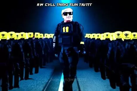 Donald Trump in tactical gear leads a march of 1000 Anons in black combat outfits and yellow masks down a neon-lit urban street.